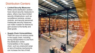 Distribution Centers
• Limited Security Measures:
While some distribution centers
have robust security measures in
place, others may have limited
security infrastructure, such as
surveillance cameras, access
controls, and security personnel.
Inadequate security measures
can make it easier for thieves to
gain access to the facility and
steal goods.
• Supply Chain Vulnerabilities:
Theft can occur at various points
in the supply chain, including
during transportation to and from
the distribution center.
Vulnerabilities in the supply
chain, such as unsecured cargo
or lack of tracking mechanisms,
can increase the risk of theft.
 