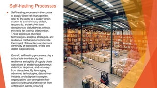 Self-healing Processes
▶ Self-healing processes in the context
of supply chain risk management
refer to the ability of a supply chain
system to autonomously detect,
respond to, and recover from
disruptions or disturbances without
the need for external intervention.
These processes leverage
technologies, adaptive strategies, and
resilience mechanisms to minimize
the impact of disruptions and ensure
continuity of operations. levels and
detect discrepancies.
Overall, self-healing processes play a
critical role in enhancing the
resilience and agility of supply chain
operations by enabling autonomous
detection, response, and recovery
from disruptions. By leveraging
advanced technologies, data-driven
insights, and adaptive strategies,
organizations can strengthen their
ability to withstand and recover from
unforeseen events, ensuring
 