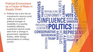 Political Environment
as a Factor of Risks in
Supply Chain
▶ Political risk is the risk an
investment's returns could
suffer as a result of
political changes or
instability in a country.
Instability affecting
investment returns could
stem from a change in
government, legislative
bodies, other foreign
policymakers or military
control.
 