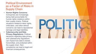 Political Environment
as a Factor of Risks in
Supply Chain
• Human Rights Concerns:
Companies are increasingly
being held accountable for
human rights violations within
their supply chains. Political
situations related to labor rights,
child labor, and other ethical
concerns can lead to reputational
damage and legal liabilities.
• Cybersecurity and Data
Privacy Regulations: Political
decisions regarding data privacy
and cybersecurity regulations
can impact how data is stored,
transmitted, and protected within
the supply chain. Non-
compliance can lead to legal and
financial consequences.
 