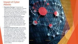 Impact of Cyber
Attacks
• Reputation Damage: Companies are
judged by their ability to safeguard customer
data and ensure smooth operations. A
major breach in the supply chain can lead to
reputational damage, eroding customer trust
and loyalty. Recovering from this damage
can be a long and difficult process.
• Regulatory and Legal Consequences:
Depending on the industry and region,
companies might be subject to various
regulations regarding data protection and
privacy. A supply chain cyber attack that
results in data breaches could lead to legal
actions, fines, and other penalties for non-
compliance.
• Intellectual Property Theft: Cyber attacks
can target valuable intellectual property (IP)
and trade secrets, leading to the loss of
competitive advantage. Stolen designs,
formulas, and processes can be exploited
by competitors or sold on the black market.
• Chain Reaction: A cyber attack affecting
one entity in the supply chain can potentially
spread to other interconnected entities. This
can amplify the impact and make it more
challenging to contain and mitigate the
attack's effects.
This Photo by Unknown Author is licensed under CC BY-SA-NC
 