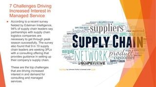 7 Challenges Driving
Increased Interest in
Managed Service
▶ According to a recent survey
fielded by Edelman Intelligence,
94% of supply chain leaders say
partnerships with supply chain
logistics companies are
necessary to get through peak
season successfully. The survey
also found that 9 in 10 supply
chain leaders are seeking 3PLs
with a consulting offering that
provides guidance in setting up
their company’s supply chain.
These are the top challenges
that are driving increased
interest in and demand for
consulting and managed
services.
This Photo by Unknown Author is licensed under CC BY
 