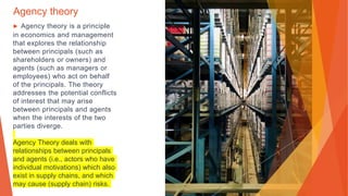 Agency theory
▶ Agency theory is a principle
in economics and management
that explores the relationship
between principals (such as
shareholders or owners) and
agents (such as managers or
employees) who act on behalf
of the principals. The theory
addresses the potential conflicts
of interest that may arise
between principals and agents
when the interests of the two
parties diverge.
Agency Theory deals with
relationships between principals
and agents (i.e., actors who have
individual motivations) which also
exist in supply chains, and which
may cause (supply chain) risks.
 