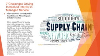 7 Challenges Driving
Increased Interest in
Managed Service
▶ There’s Limited Visibility Within
Your Network, Which Impacts
Collaboration Too
Other areas of focus for supply
chain risk management include
intermodal freight, particularly ocean
freight, and its long-standing history
and reputation for poor visibility.
Poor visibility within ocean freight
may lead to massive delays at the
time of arrival, problems scheduling
drayage, and other issues with
knowing when to reorder. Which is
why shippers and carriers must build
supply chain resiliency. Limited
visibility within the network will
adversely impact collaboration,
making it challenging to work with
entities beyond the four walls of your
enterprise.
This Photo by Unknown Author is licensed under CC BY
 