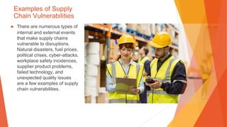 Examples of Supply
Chain Vulnerabilities
▶ There are numerous types of
internal and external events
that make supply chains
vulnerable to disruptions.
Natural disasters, fuel prices,
political crises, cyber-attacks,
workplace safety incidences,
supplier product problems,
failed technology, and
unexpected quality issues
are a few examples of supply
chain vulnerabilities.
 