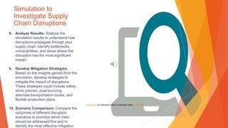 Simulation to
Investigate Supply
Chain Disruptions
8. Analyze Results: Analyze the
simulation results to understand how
disruptions propagate through your
supply chain. Identify bottlenecks,
vulnerabilities, and areas where the
disruption has the most significant
impact.
9. Develop Mitigation Strategies:
Based on the insights gained from the
simulation, develop strategies to
mitigate the impact of disruptions.
These strategies could include safety
stock policies, dual-sourcing,
alternate transportation routes, and
flexible production plans.
10. Scenario Comparison: Compare the
outcomes of different disruption
scenarios to prioritize which risks
should be addressed first and to
identify the most effective mitigation
This Photo by Unknown Author is licensed under CC BY-NC
 