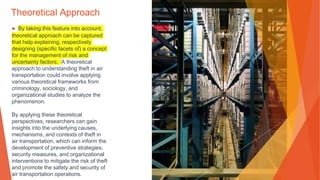 Theoretical Approach
▶ By taking this feature into account,
theoretical approach can be captured
that help explaining, respectively
designing (specific facets of) a concept
for the management of risk and
uncertainty factors. A theoretical
approach to understanding theft in air
transportation could involve applying
various theoretical frameworks from
criminology, sociology, and
organizational studies to analyze the
phenomenon.
By applying these theoretical
perspectives, researchers can gain
insights into the underlying causes,
mechanisms, and contexts of theft in
air transportation, which can inform the
development of preventive strategies,
security measures, and organizational
interventions to mitigate the risk of theft
and promote the safety and security of
air transportation operations.
 