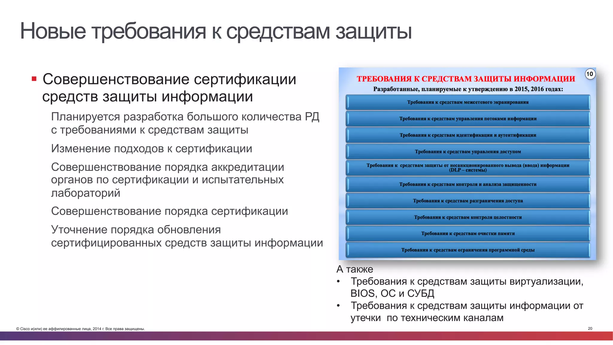 © Cisco и(или) ее аффилированные лица, 2014 г. Все права защищены. 20
Новые требования к средствам защиты
§  Совершенствование сертификации
средств защиты информации
Планируется разработка большого количества РД
с требованиями к средствам защиты
Изменение подходов к сертификации
Совершенствование порядка аккредитации
органов по сертификации и испытательных
лабораторий
Совершенствование порядка сертификации
Уточнение порядка обновления
сертифицированных средств защиты информации
А также
•  Требования к средствам защиты виртуализации,
BIOS, ОС и СУБД
•  Требования к средствам защиты информации от
утечки по техническим каналам
 
