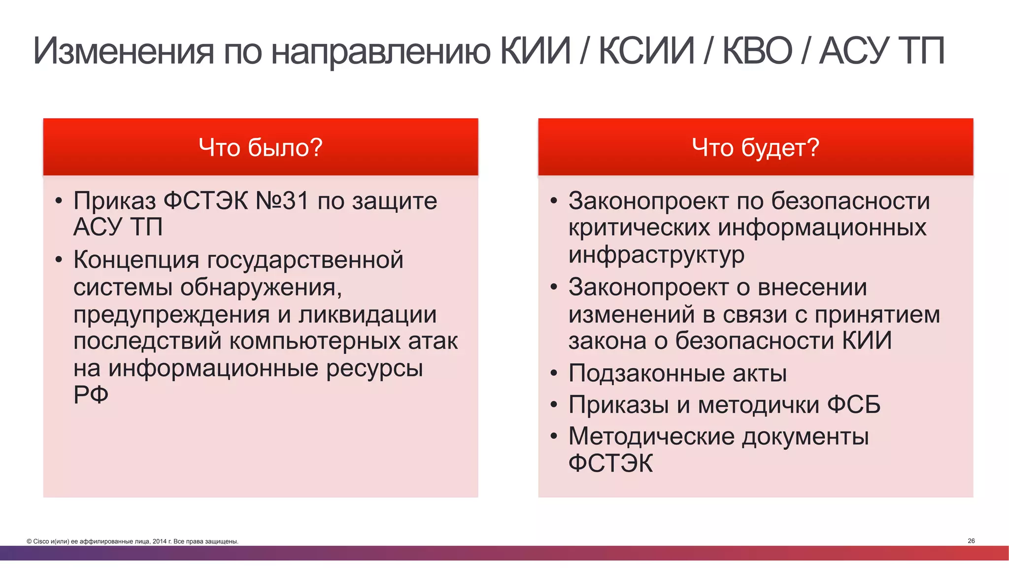 © Cisco и(или) ее аффилированные лица, 2014 г. Все права защищены. 26
Изменения по направлению КИИ / КСИИ / КВО / АСУ ТП
Что было?
•  Приказ ФСТЭК №31 по защите
АСУ ТП
•  Концепция государственной
системы обнаружения,
предупреждения и ликвидации
последствий компьютерных атак
на информационные ресурсы
РФ
Что будет?
•  Законопроект по безопасности
критических информационных
инфраструктур
•  Законопроект о внесении
изменений в связи с принятием
закона о безопасности КИИ
•  Подзаконные акты
•  Приказы и методички ФСБ
•  Методические документы
ФСТЭК
 