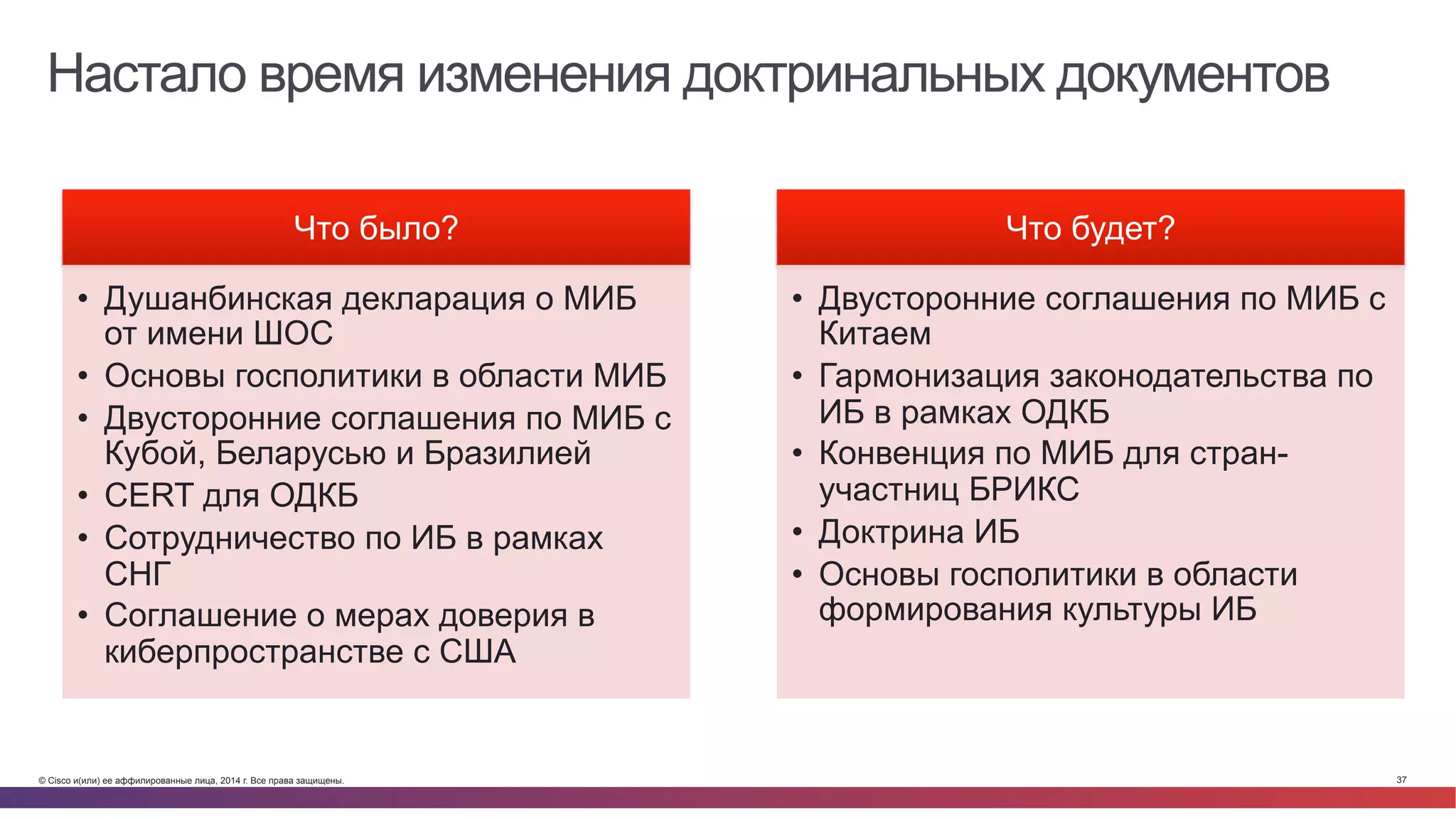 © Cisco и(или) ее аффилированные лица, 2014 г. Все права защищены. 37
Настало время изменения доктринальных документов
Что было?
•  Душанбинская декларация о МИБ
от имени ШОС
•  Основы госполитики в области МИБ
•  Двусторонние соглашения по МИБ с
Кубой, Беларусью и Бразилией
•  CERT для ОДКБ
•  Сотрудничество по ИБ в рамках
СНГ
•  Соглашение о мерах доверия в
киберпространстве с США
Что будет?
•  Двусторонние соглашения по МИБ с
Китаем
•  Гармонизация законодательства по
ИБ в рамках ОДКБ
•  Конвенция по МИБ для стран-
участниц БРИКС
•  Доктрина ИБ
•  Основы госполитики в области
формирования культуры ИБ
 