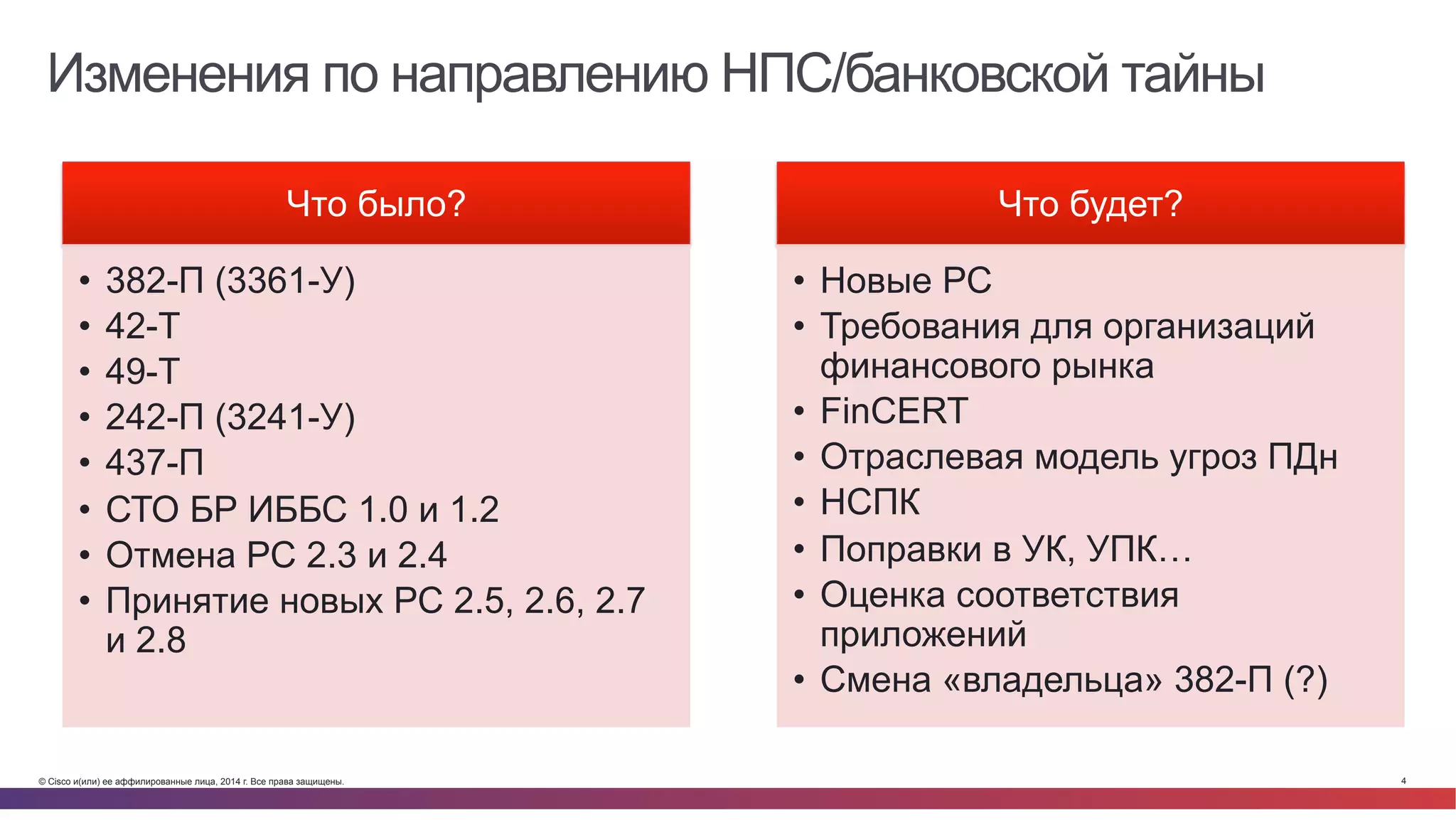 © Cisco и(или) ее аффилированные лица, 2014 г. Все права защищены. 4
Изменения по направлению НПС/банковской тайны
Что было?
•  382-П (3361-У)
•  42-Т
•  49-Т
•  242-П (3241-У)
•  437-П
•  СТО БР ИББС 1.0 и 1.2
•  Отмена РС 2.3 и 2.4
•  Принятие новых РС 2.5, 2.6, 2.7
и 2.8
Что будет?
•  Новые РС
•  Требования для организаций
финансового рынка
•  FinCERT
•  Отраслевая модель угроз ПДн
•  НСПК
•  Поправки в УК, УПК…
•  Оценка соответствия
приложений
•  Смена «владельца» 382-П (?)
 