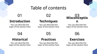 Table of contents
You can describe the
topic of the section here
You can describe the
topic of the section here
You can describe the
topic of the section here
You can describe the
topic of the section here
You can describe the
topic of the section here
You can describe the
topic of the section here
01
04
02
05
03
06
Introduction Techniques
Misconceptio
n
Historical Practices Exercises
 