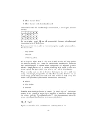 3. Those that are denied

   4. Those that are both allowed and denied


The truth table for this is as follows (D means default, O means open, X means
denied):

           1   2    3   4

 DA       D    O    X   O
 AD       D    O    X   X
 MF       D    O    X   X

Do you see what I mean? AD and MF are essentially the same, unless I misread
this section in the O'Reilly book.

Now, suppose we wish to allow in everyone except the naughty prime numbers.
We would write:


    ˆ   deny primes

    ˆ   allow all

    ˆ   order deny, allow


So far so good, right?      Now let's say that we want to deny the large primes
but allow the number 2 in. Unless our combiners for access-control primitives
were powerful enough to express primes greater than two, we might be stuck
already. Apache has no way to combine primitives, so is unable to oer such
access control. But given that it's the web, we can't rail on it too harshly.

What we really want is a list of directives that express the set we wish very
easily.   For example, imagine that we didn't have an order directive, but we
could simply specify what deny and allow rules we have in such a way that
earlier takes precedence (the so-called short circuit evaluation)


   1. allow 2

   2. deny primes

   3. allow all


However, we're unable to do that in Apache. Put simply, one can't easily treat
subsets of sets created by access control matching in a dierent manner than
the set they reside in. We couldn't allow in 2 while denying primes, unless the
access control matching functions were more sophisticated.



12.4.3 Squid
Squid has one of the more powerful access control systems in use.



                                         63
 
