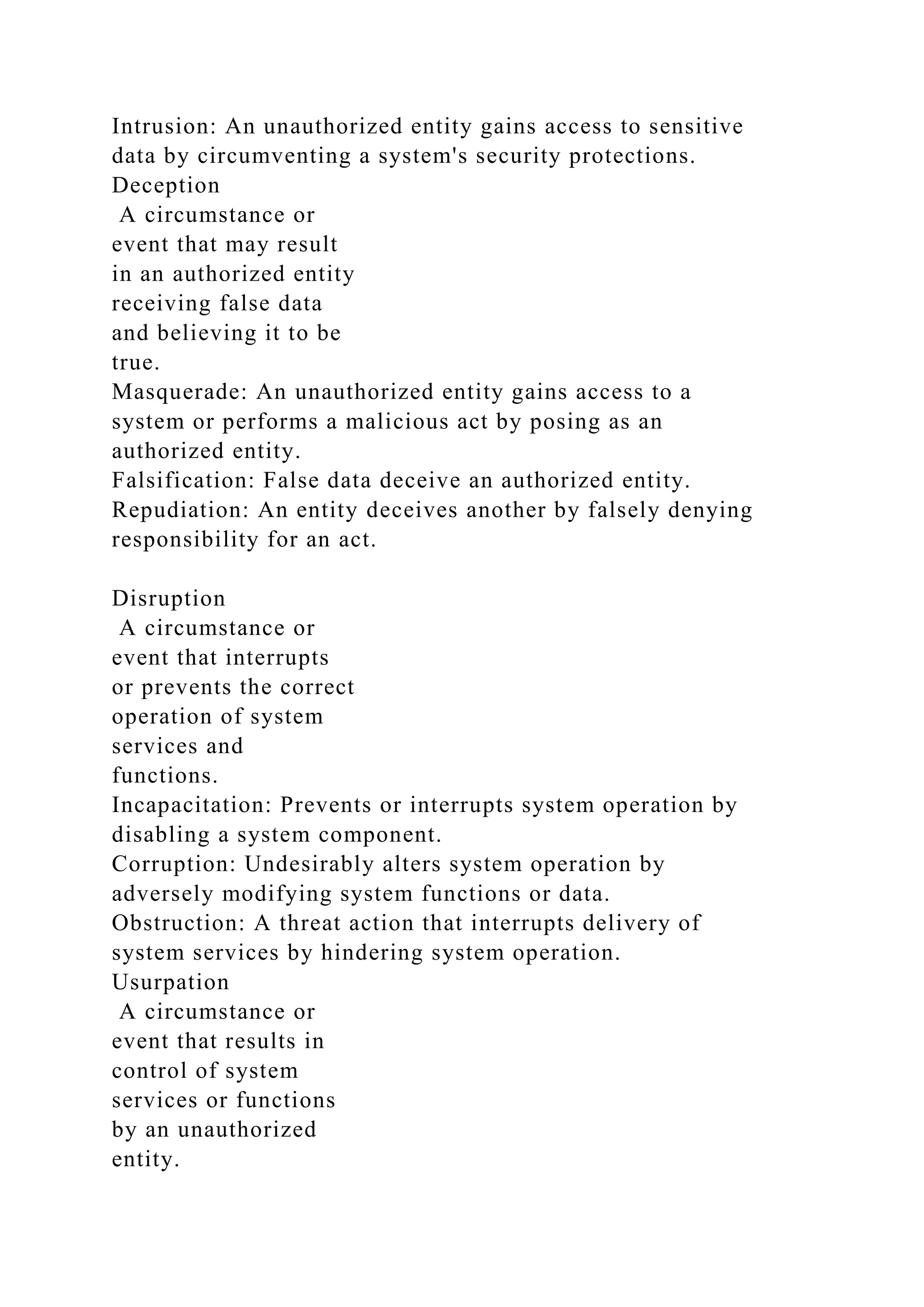 Intrusion: An unauthorized entity gains access to sensitive
data by circumventing a system's security protections.
Deception
A circumstance or
event that may result
in an authorized entity
receiving false data
and believing it to be
true.
Masquerade: An unauthorized entity gains access to a
system or performs a malicious act by posing as an
authorized entity.
Falsification: False data deceive an authorized entity.
Repudiation: An entity deceives another by falsely denying
responsibility for an act.
Disruption
A circumstance or
event that interrupts
or prevents the correct
operation of system
services and
functions.
Incapacitation: Prevents or interrupts system operation by
disabling a system component.
Corruption: Undesirably alters system operation by
adversely modifying system functions or data.
Obstruction: A threat action that interrupts delivery of
system services by hindering system operation.
Usurpation
A circumstance or
event that results in
control of system
services or functions
by an unauthorized
entity.
 