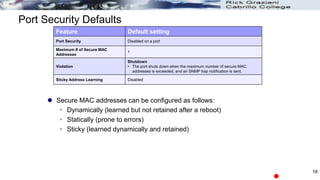 Port Security Defaults
 Secure MAC addresses can be configured as follows:
 Dynamically (learned but not retained after a reboot)
 Statically (prone to errors)
 Sticky (learned dynamically and retained)
Feature Default setting
Port Security Disabled on a port
Maximum # of Secure MAC
Addresses
1
Violation
Shutdown
• The port shuts down when the maximum number of secure MAC
addresses is exceeded, and an SNMP trap notification is sent.
Sticky Address Learning Disabled
18
 