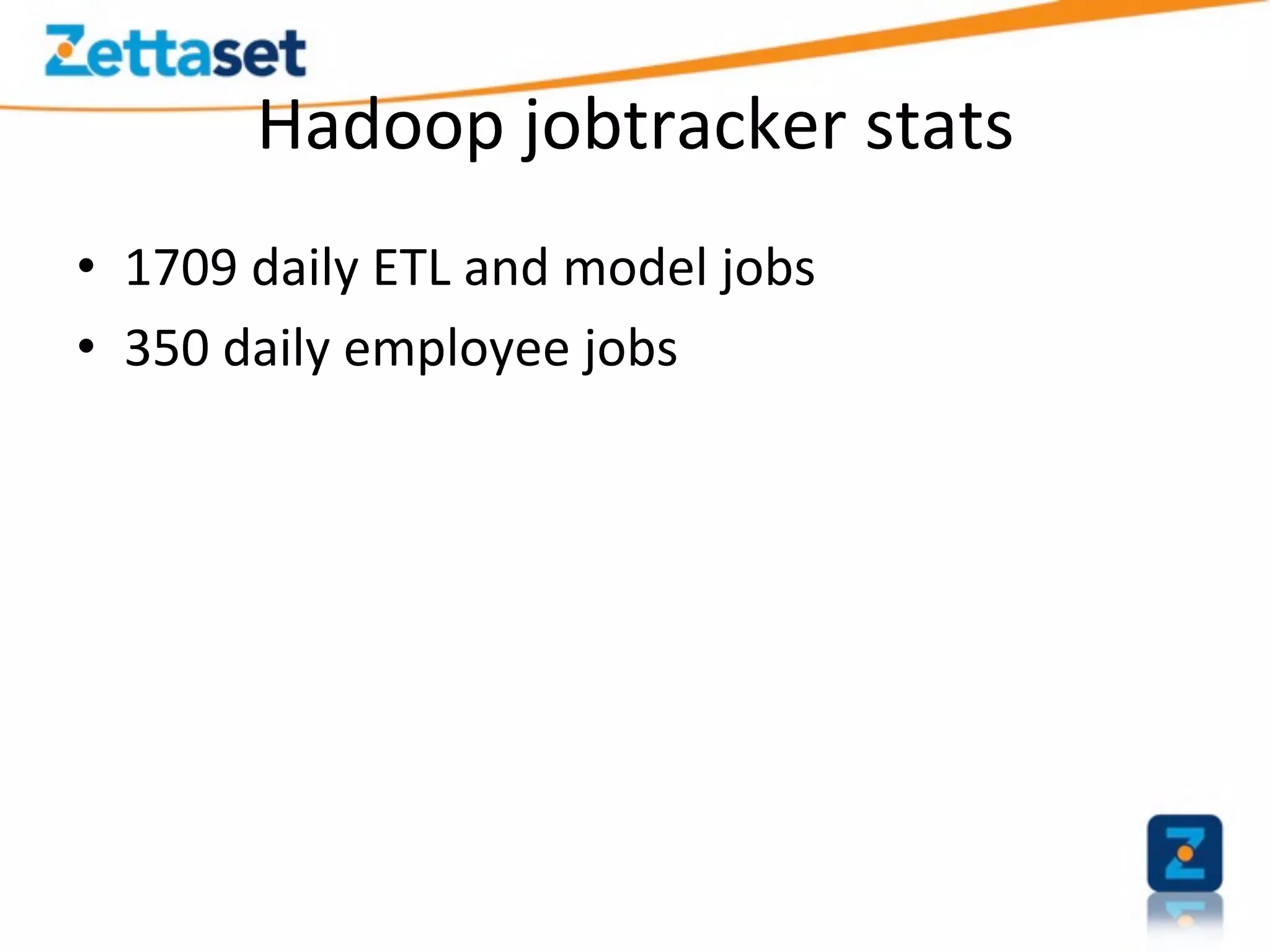 Hadoop	
  jobtracker	
  stats	
  
•  1709	
  daily	
  ETL	
  and	
  model	
  jobs	
  
•  350	
  daily	
  employee	
  jobs	
  
 