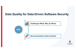 Data Quality for Data-Driven Software Security
DATA
Challenges (What, Why, So What)
Recommendations (Dos & Donts)
 