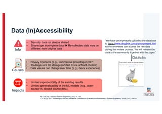 Data (In)Accessibility
• Security data not always shared
• Shared yet incomplete data  Re-collected data may be
different from original data
Info
Causes
• Privacy concerns (e.g., commercial projects) or not?!
• Too large size for storage (artifact ID vs. artifact content)
• Data values can change over time (e.g., devs' experience)
Impacts
• Limited reproducibility of the existing results
• Limited generalisability of the ML models (e.g., open-
source vs. closed-source data)
"We have anonymously uploaded the database
to https://www.dropbox.com/s/anonymised_link
so the reviewers can access the raw data
during the review process. We will release the
data to the community together with the paper."
Click the link
R. Croft, et al., Empirical Software Engineering, 2022, 27: 1-52.
T. H. M. Le, et al., Proceedings of the 25th International Conference on Evaluation and Assessment in Software Engineering (EASE), 2021, 109-118.
 