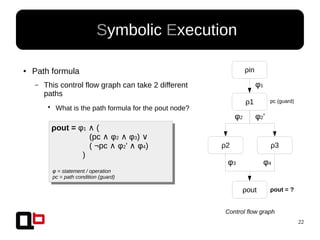 22
● Symbolic Execution
Control flow graph
ρout = φ1 (∧
(pc φ∧ 2 φ∧ 3) ∨
( ¬pc φ∧ 2' φ∧ 4)
)
● Path formula
– This control flow graph can take 2 different
paths
●
What is the path formula for the ρout node?
φ = statement / operation
pc = path condition (guard)
ρin
ρ1
ρ2 ρ3
ρout
φ1
φ2'φ2
φ3 φ4
pc (guard)
ρout = ?
 