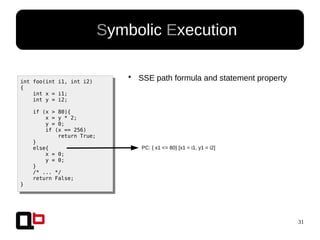 31
● Symbolic Execution
int foo(int i1, int i2)
{
int x = i1;
int y = i2;
if (x > 80){
x = y * 2;
y = 0;
if (x == 256)
return True;
}
else{
x = 0;
y = 0;
}
/* ... */
return False;
}
PC: { x1 <= 80} [x1 = i1, y1 = i2]
●
SSE path formula and statement property
 