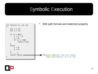 34
● Symbolic Execution
int foo(int i1, int i2)
{
int x = i1;
int y = i2;
if (x > 80){
x = y * 2;
y = 0;
if (x == 256)
return True;
}
else{
x = 0;
y = 0;
}
/* ... */
return False;
}
PC: { (x1 <= 80) ∨ ((x1 > 80) (x2 != 256))∧ }
[ (x2 = 0, y2 = 0) ∨ (x2 = y1 * 2, y2 = 0) ]
●
SSE path formula and statement property
 