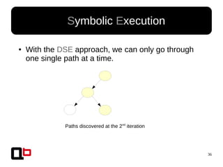 36
● Symbolic Execution
● With the DSE approach, we can only go through
one single path at a time.
Paths discovered at the 2nd
iteration
 