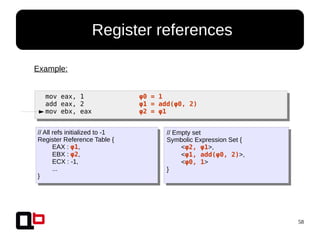 58
● Register references
mov eax, 1 φ0 = 1
add eax, 2 φ1 = add(φ0, 2)
mov ebx, eax φ2 = φ1
Example:
// All refs initialized to -1
Register Reference Table {
EAX : φ1,
EBX : φ2,
ECX : -1,
...
}
// Empty set
Symbolic Expression Set {
<φ2, φ1>,
<φ1, add(φ0, 2)>,
<φ0, 1>
}
 