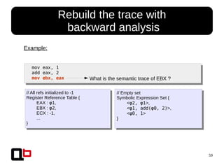 59
● Rebuild the trace with
backward analysis
mov eax, 1
add eax, 2
mov ebx, eax
Example:
// All refs initialized to -1
Register Reference Table {
EAX : φ1,
EBX : φ2,
ECX : -1,
...
}
// Empty set
Symbolic Expression Set {
<φ2, φ1>,
<φ1, add(φ0, 2)>,
<φ0, 1>
}
What is the semantic trace of EBX ?
 
