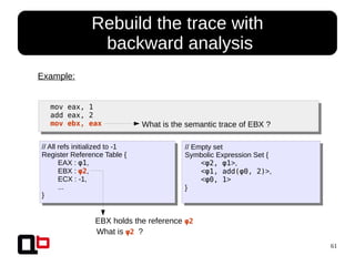 61
● Rebuild the trace with
backward analysis
mov eax, 1
add eax, 2
mov ebx, eax
Example:
// All refs initialized to -1
Register Reference Table {
EAX : φ1,
EBX : φ2,
ECX : -1,
...
}
// Empty set
Symbolic Expression Set {
<φ2, φ1>,
<φ1, add(φ0, 2)>,
<φ0, 1>
}
What is the semantic trace of EBX ?
EBX holds the reference φ2
What is φ2 ?
 