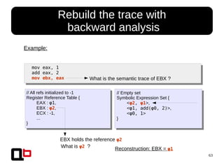 63
● Rebuild the trace with
backward analysis
mov eax, 1
add eax, 2
mov ebx, eax
Example:
// All refs initialized to -1
Register Reference Table {
EAX : φ1,
EBX : φ2,
ECX : -1,
...
}
// Empty set
Symbolic Expression Set {
<φ2, φ1>,
<φ1, add(φ0, 2)>,
<φ0, 1>
}
What is the semantic trace of EBX ?
EBX holds the reference φ2
What is φ2 ? Reconstruction: EBX = φ1
 