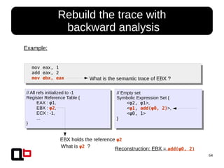 64
● Rebuild the trace with
backward analysis
mov eax, 1
add eax, 2
mov ebx, eax
Example:
// All refs initialized to -1
Register Reference Table {
EAX : φ1,
EBX : φ2,
ECX : -1,
...
}
// Empty set
Symbolic Expression Set {
<φ2, φ1>,
<φ1, add(φ0, 2)>,
<φ0, 1>
}
What is the semantic trace of EBX ?
EBX holds the reference φ2
What is φ2 ? Reconstruction: EBX = add(φ0, 2)
 