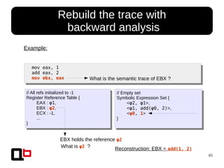 65
● Rebuild the trace with
backward analysis
mov eax, 1
add eax, 2
mov ebx, eax
Example:
// All refs initialized to -1
Register Reference Table {
EAX : φ1,
EBX : φ2,
ECX : -1,
...
}
// Empty set
Symbolic Expression Set {
<φ2, φ1>,
<φ1, add(φ0, 2)>,
<φ0, 1>
}
What is the semantic trace of EBX ?
EBX holds the reference φ2
What is φ2 ? Reconstruction: EBX = add(1, 2)
 