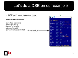74
● Let's do a DSE on our example
● DSE path formula construction
Symbolic Expression Set
φ1 = offset (constant)
φ2 = SignExt(φ1)
φ3 = ptr (constant)
φ4 = add(φ3, φ2)
φ5 = ZeroExt(X) (controlled)
φ6 = sub(φ5, 1)
 