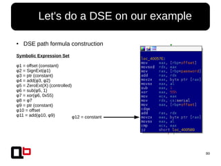 80
● Let's do a DSE on our example
● DSE path formula construction
Symbolic Expression Set
φ1 = offset (constant)
φ2 = SignExt(φ1)
φ3 = ptr (constant)
φ4 = add(φ3, φ2)
φ5 = ZeroExt(X) (controlled)
φ6 = sub(φ5, 1)
φ7 = xor(φ6, 0x55)
φ8 = φ7
φ9 = ptr (constant)
φ10 = offset
φ11 = add(φ10, φ9) φ12 = constant
 