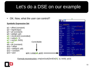93
● Let's do a DSE on our example
● OK. Now, what the user can control?
Symbolic Expression Set
φ1 = offset (constant)
φ2 = SignExt(φ1)
φ3 = ptr (constant)
φ4 = add(φ3, φ2)
φ5 = ZeroExt(X) (controlled)
φ6 = sub(φ5, 1)
φ7 = xor(φ6, 0x55)
φ8 = φ7
φ9 = ptr (constant)
φ10 = offset
φ11 = add(φ10, φ9)
φ12 = constant
φ13 = φ12 φ14 = cmp(φ8, φ13)
Controllable
Formula reconstruction: cmp(xor(sub(ZeroExt(X), 1), 0x55), φ13)
 