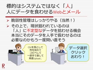 標的はシステムではなく「人」
人にデータを食わせるWebとメール
 脆弱性管理はしっかりやる（当然！）
 その上で、現状狙われているのは
「人」に不定型なデータを拾わせる機会
本当にそのデータを人手で扱わせるのは
必要なのかもう一度問い直そう
CSVを落として
列を加えて
コピペして
一部手で直して
再度Upload…
データ選択
クリック
おわり！
 