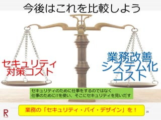今後はこれを比較しよう
業務改善
システム化
コスト
セキュリティ
対策コスト
セキュリティのために仕事をするのではなく
仕事のためにITを使い、そこにセキュリティを見いだす
28業務の「セキュリティ・バイ・デザイン」を！
 