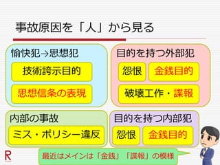 事故原因を「人」から見る
愉快犯→思想犯 目的を持つ外部犯
技術誇示目的
最近はメインは「金銭」「諜報」の模様
思想信条の表現
怨恨 金銭目的
破壊工作・諜報
内部の事故
ミス・ポリシー違反
目的を持つ内部犯
怨恨 金銭目的
 