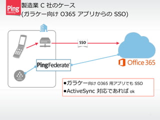 製造業  C  社のケース
(ガラケー向け  O365  アプリからの  SSO)
11
SSO
•ガラケー向け  O365  ⽤用アプリでも  SSO  
•ActiveSync  対応であれば  ok
 