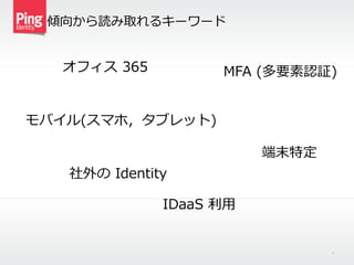 傾向から読み取れるキーワード
18
オフィス  365   MFA  (多要素認証)
端末特定
社外の  Identity
モバイル(スマホ，タブレット)
IDaaS  利利⽤用
 