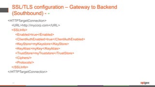 SSL/TLS configuration – Gateway to Backend
(Southbound) - -
<HTTPTargetConnection>
<URL>http://mycorp.com</URL>
<SSLInfo>
<Enabled>true</Enabled>
<ClientAuthEnabled>true</ClientAuthEnabled>
<KeyStore>myKeystore</KeyStore>
<KeyAlias>myKey</KeyAlias>
<TrustStore>myTruststore</TrustStore>
<Ciphers/>
<Protocols/>
</SSLInfo>
</HTTPTargetConnection>
31
 
