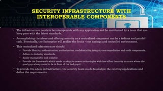 SECURITY INFRASTRUCTURE WITH
INTEROPERABLE COMPONENTS
• The infrastructure needs to be interoperable with any application and be maintained by a team that can
keep pace with the latest standards.
• Accomplishing the above and offering security as a centralized component can be a tedious and painful
task. Eventually, the Enterprise will realize the fruits - cost savings and controlled environment.
• This centralized infrastructure should:
• Provide Identity, authentication, authorization, confidentiality, integrity non-repudiation and audit components.
• Adhere to industry standards.
• Easily manageable and scalable.
• Provide the framework which needs to adapt to newer technologies with less effort (security is a race where the
good guys always need to be in front of the bad guys).
• To provide the above infrastructure, the security team needs to analyze the existing applications and
define the requirements.
 