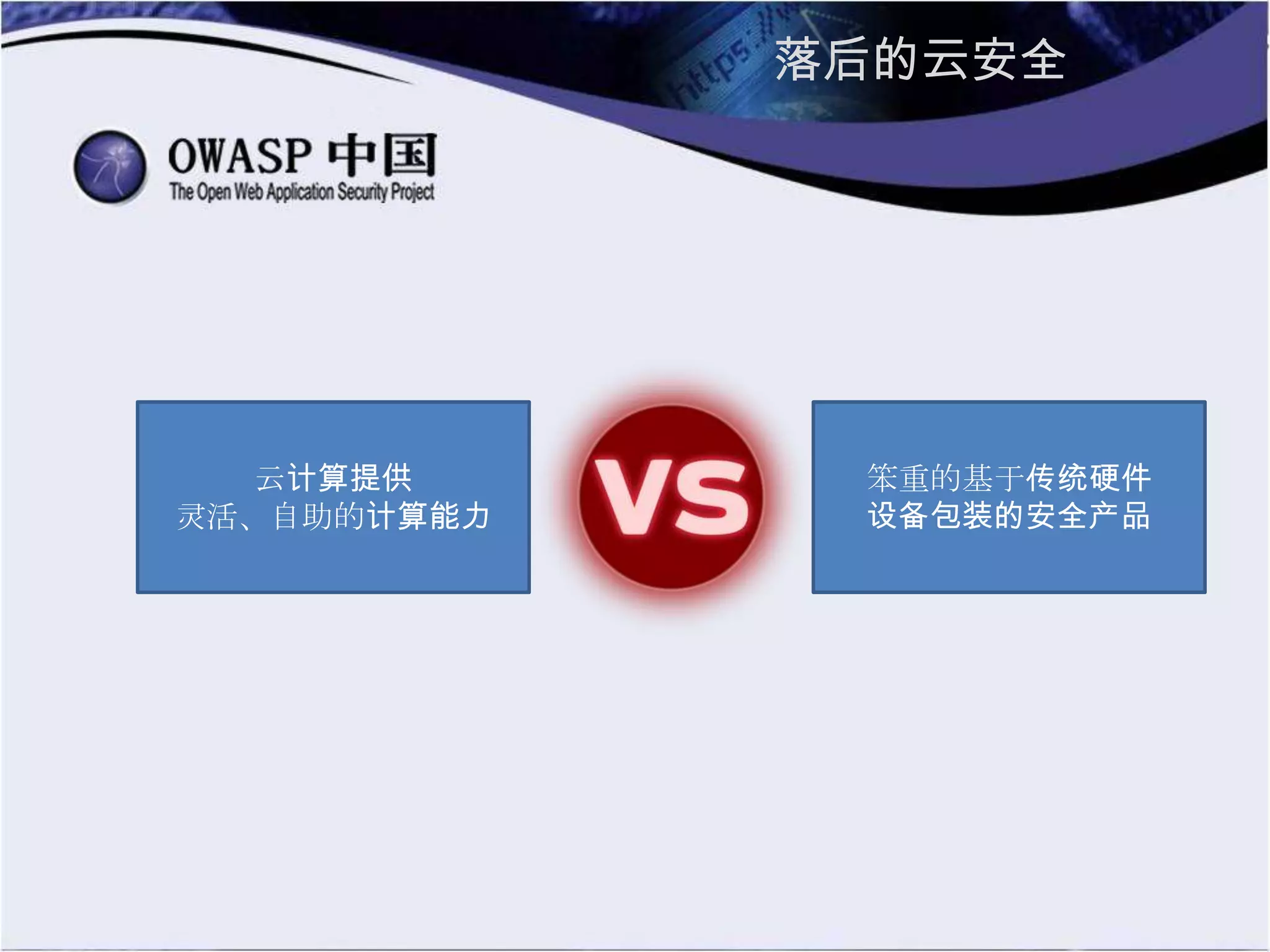 落后的云安全
云计算提供
灵活、自助的计算能力
笨重的基于传统硬件
设备包装的安全产品
 