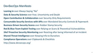 9
Leaning in over Always Saying “No”
Data & Security Science over Fear, Uncertainty and Doubt
Open Contribution & Collaboration over Security-Only Requirements
Consumable Security Services with APIs over Mandated Security Controls & Paperwork
Business Driven Security Scores over Rubber Stamp Security
Red & Blue Team Exploit Testing over Relying on Scans & Theoretical Vulnerabilities
24x7 Proactive Security Monitoring over Reacting after being Informed of an Incident
Shared Threat Intelligence over Keeping Info to Ourselves
Compliance Operations over Clipboards & Checklists
http://www.devsecops.org/
DevSecOps Manifesto
 