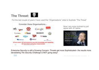 The Threat:
For the last couple of years I have used this “Organisations” slide to illustrate “The Threat”
Now I am more inclined to just
agree with JC below
Enterprise Security is still a Growing Concern. Threats get more Sophisticated– the results more
devastating The Security Challenge is NOT going away!
 