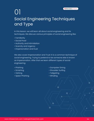 www.infosectrain.com | sales@infosectrain.com 04
Social Engineering Techniques
and Type
01
In this lesson, we will learn all about social engineering and its
techniques. We discuss various principles of social engineering like:
• Familiarity
• Social Proof
• Authority and Intimidation
• Scarcity and Urgency
• Impersonation and trust
We also cover Impersonation and Trust: It is a common technique of
social engineering. Trying to pretend to be someone else is known
as impersonation. After that we learn different types of social
engineering:
• Phishing
• Smishing
• Vishing
• Spear Phishing
• Dumpster Diving
• Shoulder Surﬁng
• Tailgating
• Whaling
 