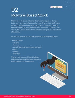 www.infosectrain.com | sales@infosectrain.com 05
Malware-Based Attack
02
Malicious code is one of the most common dangers to devices
today. As a cybersecurity specialist, you will almost certainly have
faced undesirable malware attacking your computers. You’ll be
better equipped to ﬁx affected systems or prevent malware if you
classify the various forms of malware and recognize the indications
of infection.
In this part, we will discuss different types of Malware and how it
Then we learn some different Malware
Indicators, Sandbox Execution, Resource
Consumption, and File system.
• Ransomware
• Trojans
• Worms
• PUPs (Potentially Unwanted Programs)
• Bots
• Rootkit
• Backdoor
 