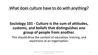 What does culture have to do with anything?
Sociology 101 - Culture is the sum of attitudes,
customs, and beliefs that dis...