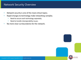 Network Security Overview
Copyright © 2019 Logical Operations, Inc. All rights reserved.
• Network security is one of the most critical topics.
• Rapid changes to technology make networking complex.
• Need to secure each technology separately.
• Need to handle interoperability issues.
• No more clear-cut boundaries for the network.
 
