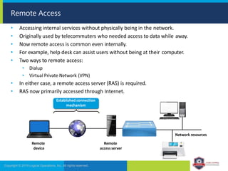Remote Access
Network resources
Remote
access server
Remote
device
• Accessing internal services without physically being in the network.
• Originally used by telecommuters who needed access to data while away.
• Now remote access is common even internally.
• For example, help desk can assist users without being at their computer.
• Two ways to remote access:
• Dialup
• Virtual Private Network (VPN)
• In either case, a remote access server (RAS) is required.
• RAS now primarily accessed through Internet.
Established connection
mechanism
Copyright © 2019 Logical Operations, Inc. All rights reserved.
 